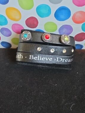 STYLE DOTS Believe Dream Faith Black Wrap Bracelet with Colored Gem Snap Accents